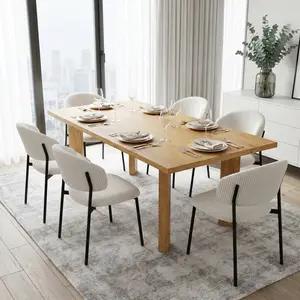 HIPIHOM 9-Piece Japandi Extendable Dining Set, Oak Grain Table (130-170cm) with 8 Corduroy Ergonomic Chairs, Space-Saving Minimalist Furniture for Nature Lovers, Aesthetic Home Inspo