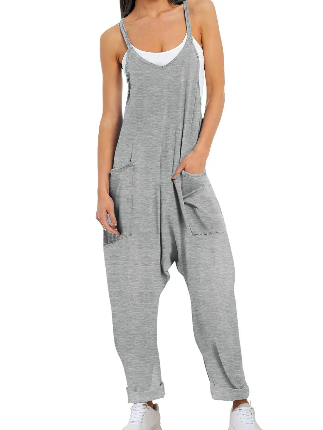 Ekouaer Women's Chic Baggy Jumpsuit, Casual V-Neck Spaghetti Strap Lounger with Pockets for Beach Vacation, Cardigan, Style, Lightweight, Oversized, Essential, Fit, Adjustable, Racerback, Strappy, Stretchy