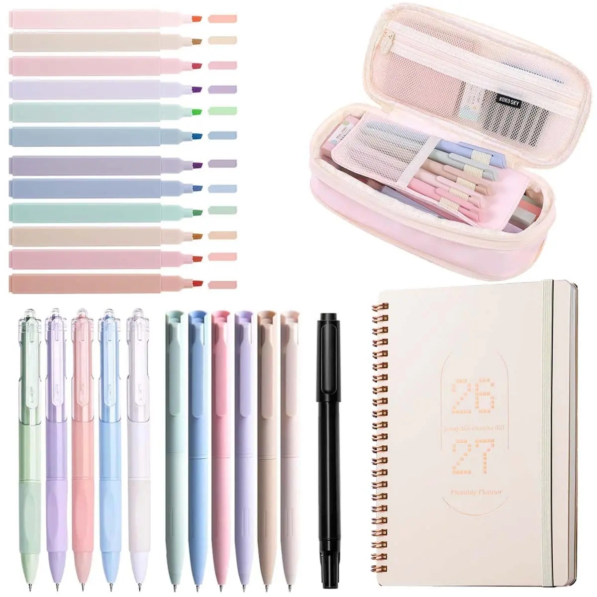 Aesthetic School Supplies Set, Including Highlighter & Gel Pen & Mechanical Pencil & Pencil Case & Accessories, Cute Stationery Set, Student Essentials, Writing Utensils, Study Supplies
