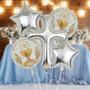 5 Pcs Silver Color Cross Balloons Set, 18 Inch Silver Lion Design, Perfect for Party Decoration, Baptism, First Communion, Easter, Wedding Celebrations