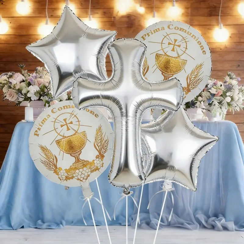 5 Pcs Silver Color Cross Balloons Set, 18 Inch Silver Lion Design, Perfect for Party Balloons Decorations, Baptism, First Communion, Easter, Wedding Celebrations