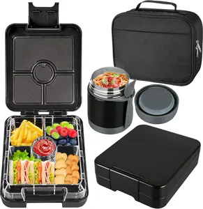 Bento Lunch Box Set for  with 10oz Soup Thermo, Leak-Proof Lunch Containers with 4 Compartment,  Thermo Hot  Jar and Insulated Lunch Bag for  to School,(Black)