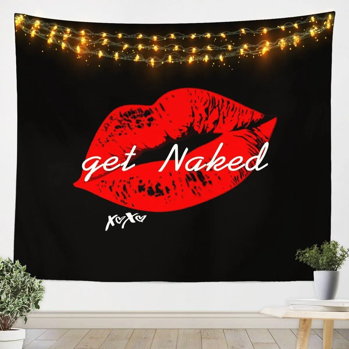 Red Lips Wall Hanging Get Naked Wall Blanket Couple Lover Men Women Funny Quotes Tapestry Modern Fashion Black Red White Art Decor Bedroom Living Room Decor,Small