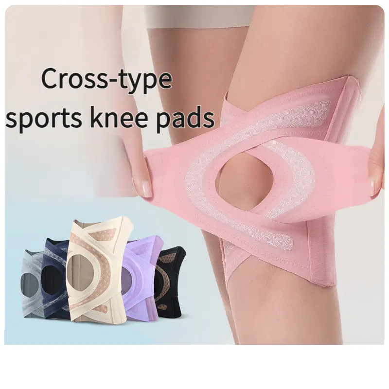 Thin sports knee pads with meniscus joint cross straps and pressure sleeves for running, knee support and patella stabilization