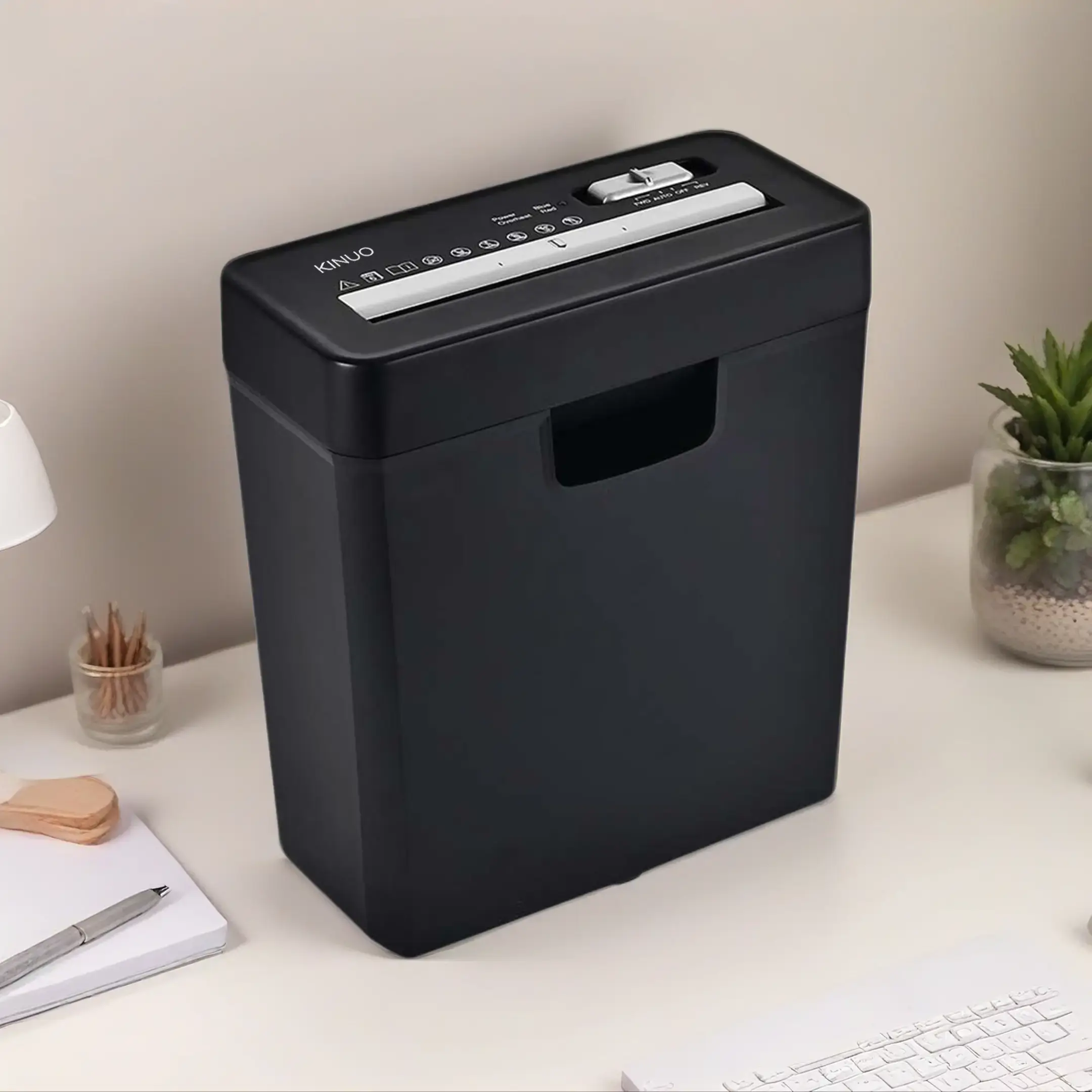 KINUO Strip-Cut Mechanical Paper Shredder, Compact P-2 Home Office Accessory, 6-Sheet Capacity, 2.9-Gal Bin, Built-in Overheat Protection, Credit Card Compatible, Black