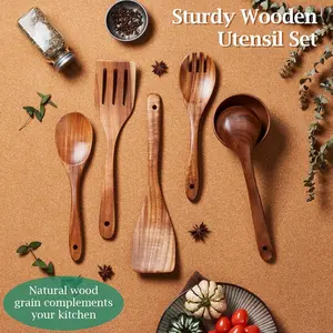 5-Piece Natural Wood Kitchen Utensil Set, Ergonomic Handle, Heat Resistant, Includes Spoon, Spatula, Ladle, Frying Pan, Suitable for Induction Cooktops