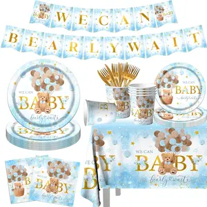 142count Bear Baby Shower Party Decorations for Boy We Can Bearly Wait Tableware Set Teddy Bear Balloon Baby Shower Birthday Theme Party Supplies for Girl Disposable Banner,Tablecloth,Plates,Napkins