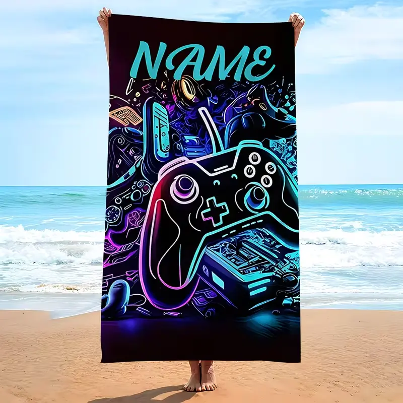 Custom Personalized Neon Game Controller Beach Towel - Custom Name Geometric Contemporary Print Microfiber Quick Dry Sand Resistant, Gift for Gamers Teens Adults (Home & Bathroom Supplies)