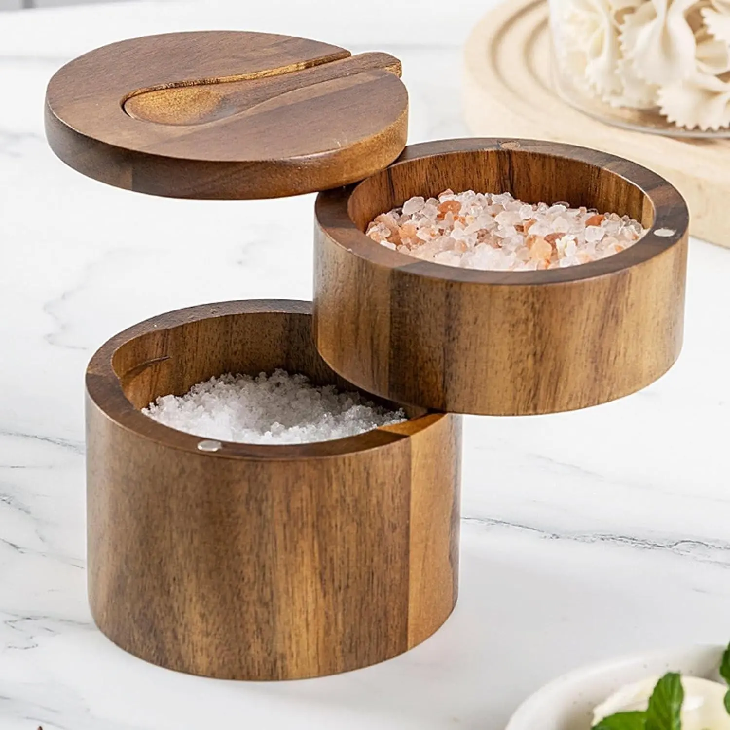 1pc Salt Box with Magnetic Rotating Lid, 2-Layer Wooden Storage Bowl with Spoon, Kitchen Utensil for Seasoning Organizer, Pepper, Coffee, Sugar, Cooking, Marinating, Salt Holder, Spices Organizer, Spice Containers