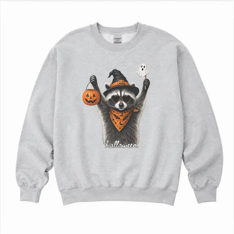 Halloween - Raccoon Halloween Sweatshirt - Ash Grey - Sublimation - Spooky - Unisex Jersey Sweatshirt Casual Womenswear