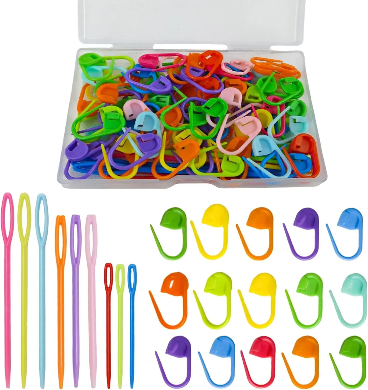 DeliaVo 100Pcs Stitch Markers for Crocheting and 9Pcs Yarn Needles Kit | Colorful Locking Stitch Markers & Plastic Needles for Yarn, Practical Crochet Kit for Knitting Weaving Sewing Gift