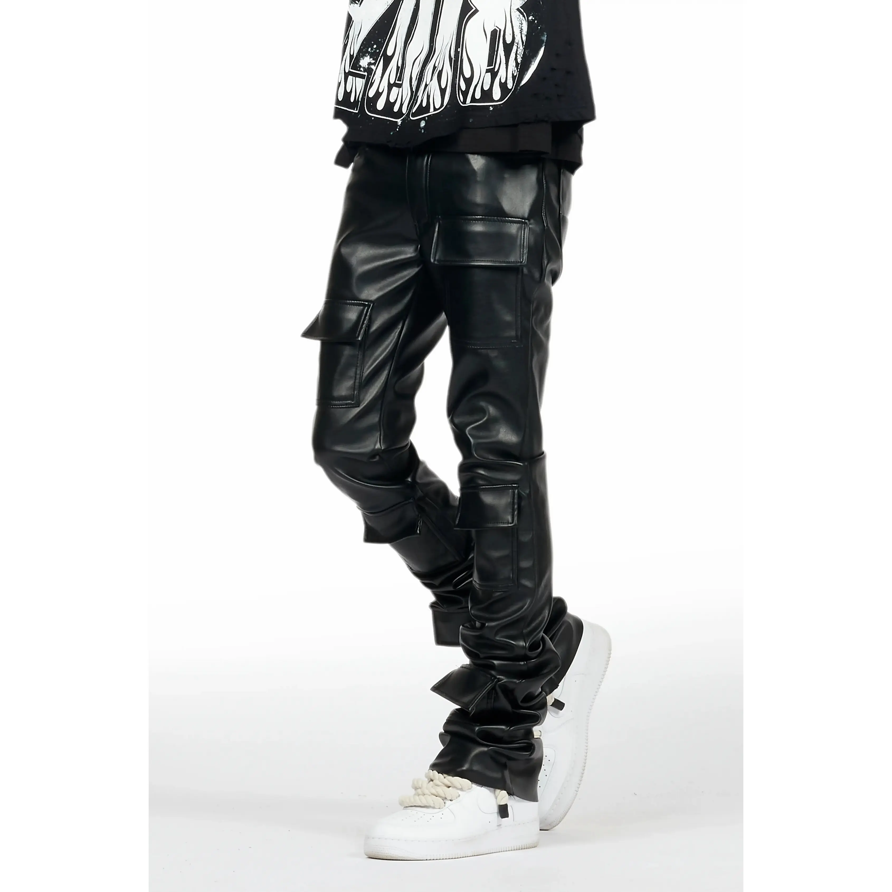 Petrus Black PU Stacked Flare Leather Jean