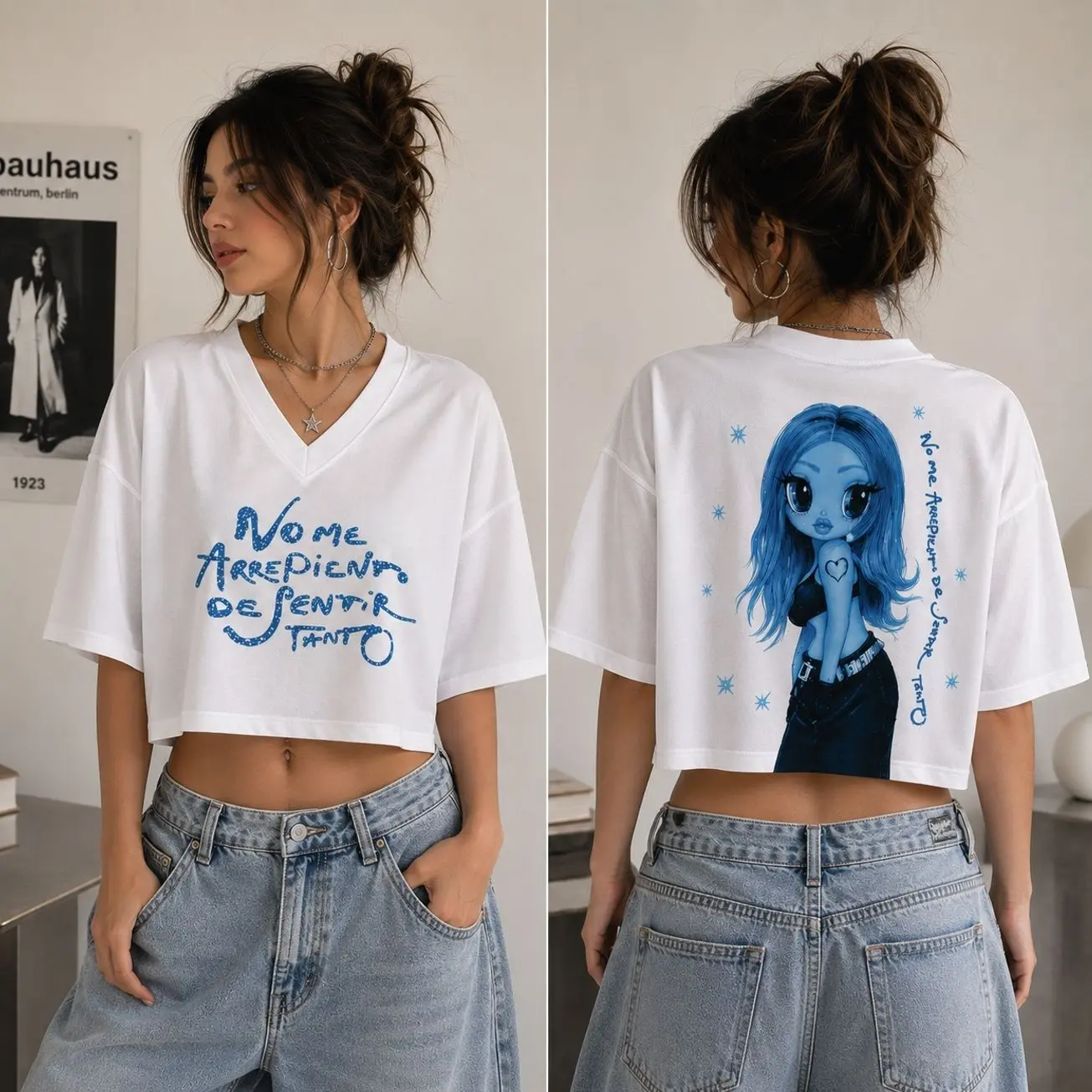 Women's Sentir Tanto Era Inspired Double-Sided Print Blue Graphic Crop Jersey - Sporty Short-Sleeve Breathable Unisex Streetwear Top, Latin Pop Concert Collectible, Music Fanwear Gift