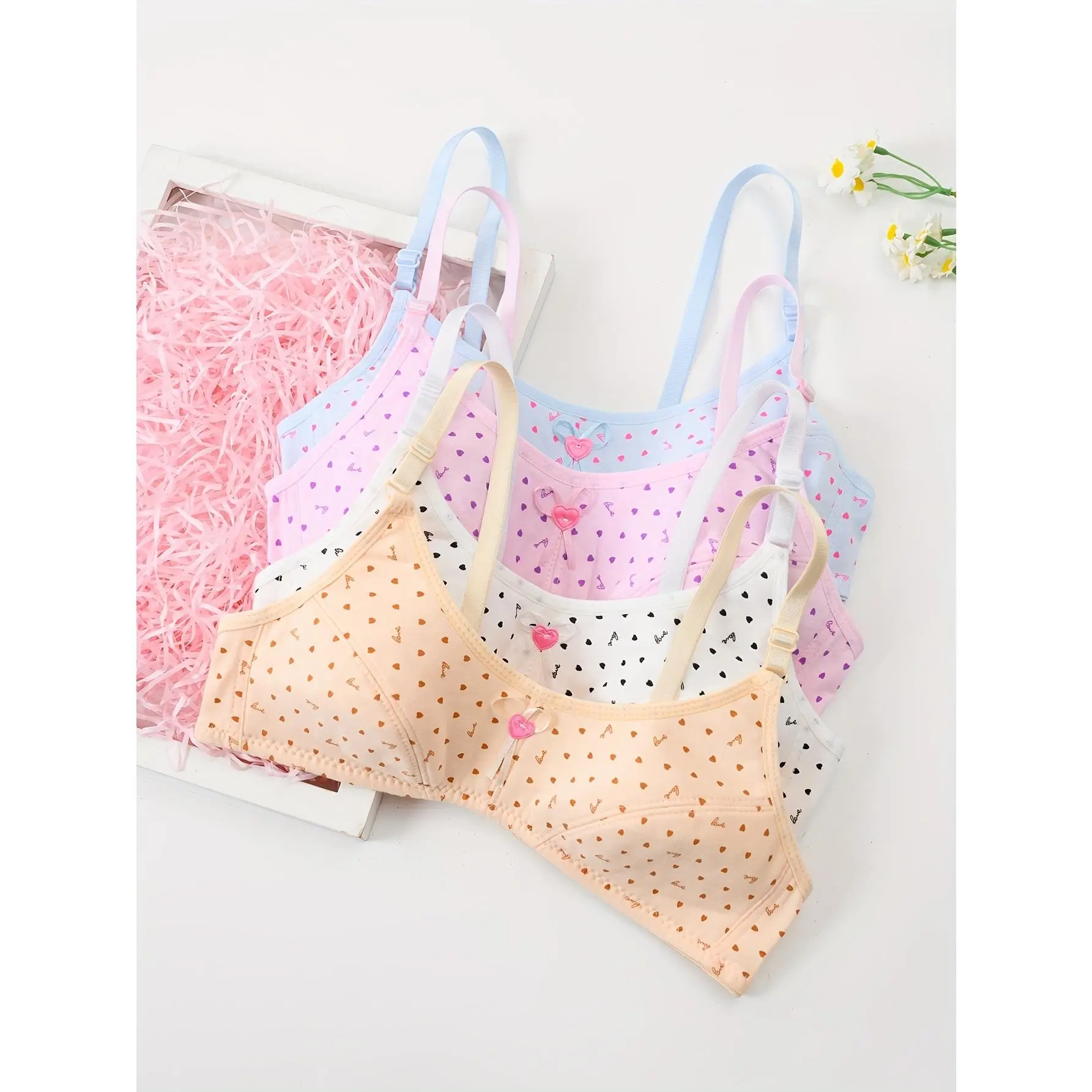 Girls' Youth 4-Pack Training Bras, Heart Print Spaghetti Strap Slight Stretch Knit, Lightly Lined with Bow Detail, Regular Fit for Daily Wear