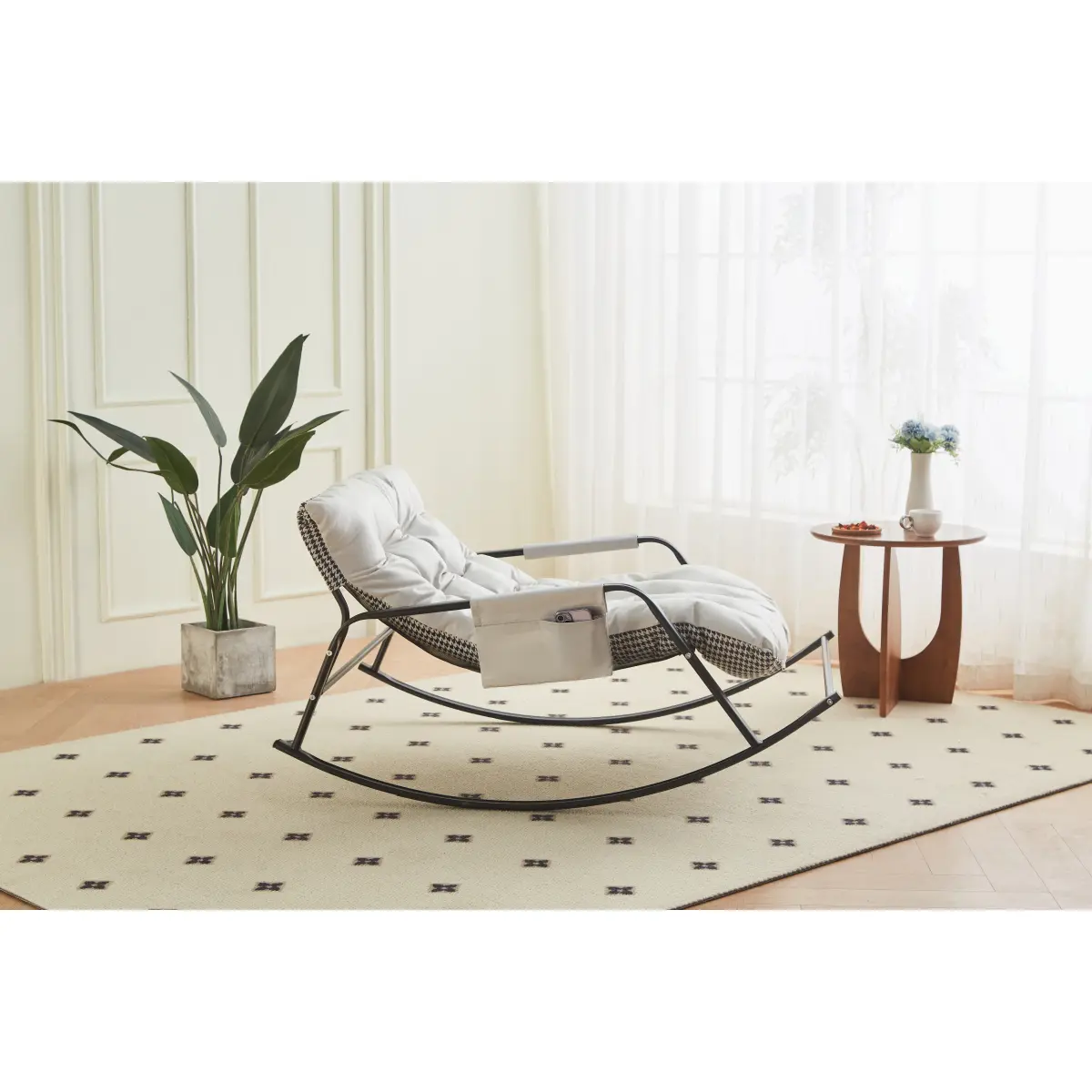 Armless Glider Chair - Single Person Extra-Wide Technical Leather Upholstered Boucle Reclining Accent Chair with Contoured Seat & Gentle Glide for Living Room, Nursery - White