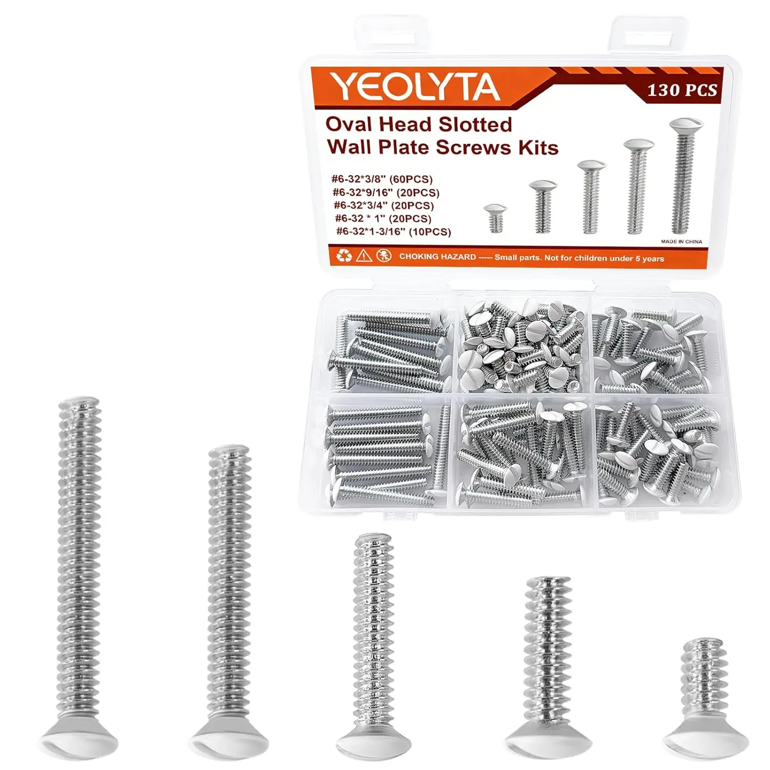 130PCS Home Supplies 6-32 Thread White Oval Head Slotted Wall Plate Screws, 5 Lengths: 3/8", 9/16", 3/4", 1", 1-3/16" for Outlet, Light, Electrical Cover Panels & Switches