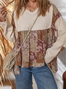 Women's Beige Paisley Ethnic Print Contrast Patchwork Long Sleeve Loose Cotton Shirt, Elegant Casual Versatile Blouse