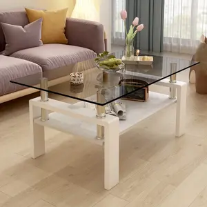 Rectangle Coffee Table, Tempered Glass Tabletop with MDF Layer, Modern Table for Living Room , Brown Glass