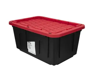 Black and Red Plastic Storage Bin with 27 Gallon Capacity and Snap Lid