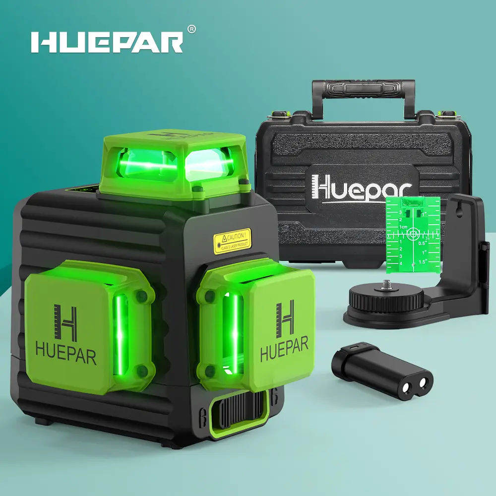 Huepar B03CG Laser Leveler Tool - 3x360° 12-Line Green Beam, 5200mAh Rechargeable, Portable Laser Level, Magnetic Base, Full Kit with Hard Carry Case - Construction, Picture Hanging Tool