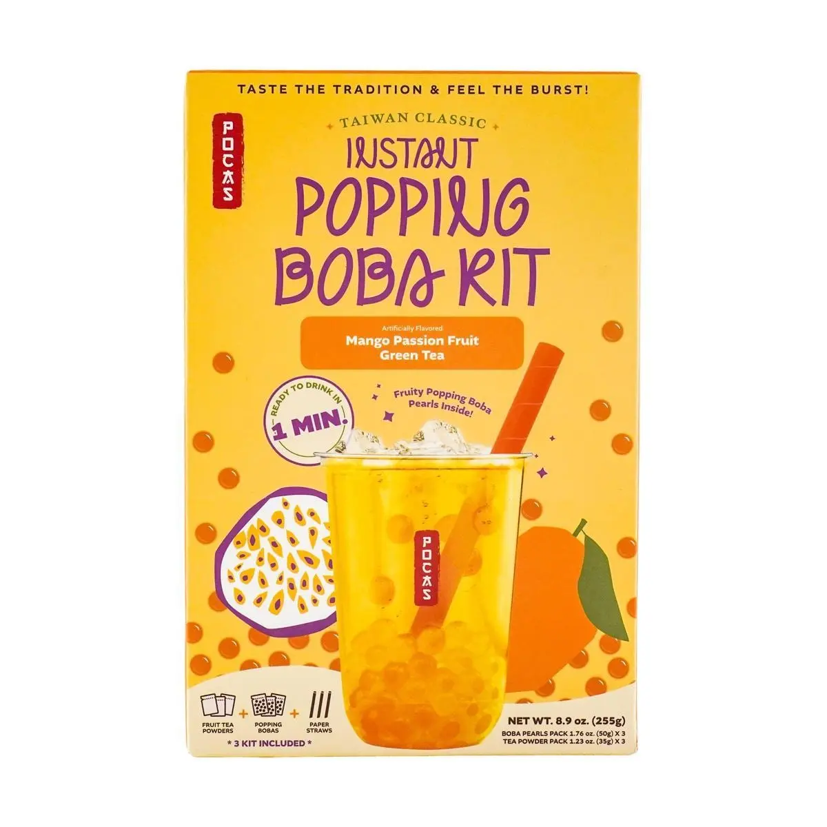 POCAS Korean Boba Fruit Tea DIY Kit - Mango Passion Fruit Green Tea, 3 Servings (225g) with Tapioca Pearls & Straws