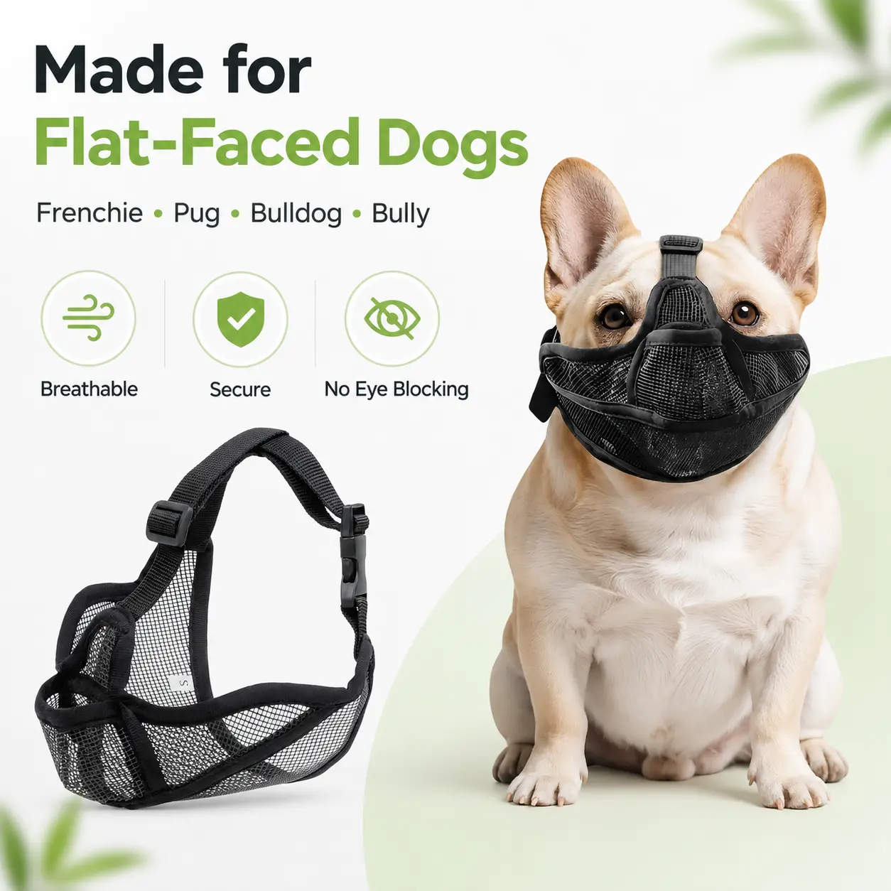 Dog Muzzle, Breathable Pitbull Muzzle, Adjustable Secure Fit, Prevents Biting & Accidental Eating, Perfect for French Bulldogs, American Bullies & Short-Snouted Breeds, Durable Mesh Dog Mouth Cover for Training, Walking & Grooming, Anti-Chew Dog Snout Gua
