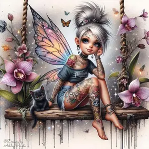 5D DIY Diamond Arts Colorful Painting Kit, Colorful Wings Cat Floral Art, Full Round Drill Mosaic Craft for Home Decor & Gifts, Diamond Painting Kits