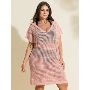 BLOOMCHIC Plus Size Tunic Length Cut-Out Hooded Drawstring Swimsuit Coverup - M-6X Multi-Size Cover Ups Swimsuits, Curvaceous Bikini Cover Ups for 2026 Summer Swimweek, Mother's Day Pick