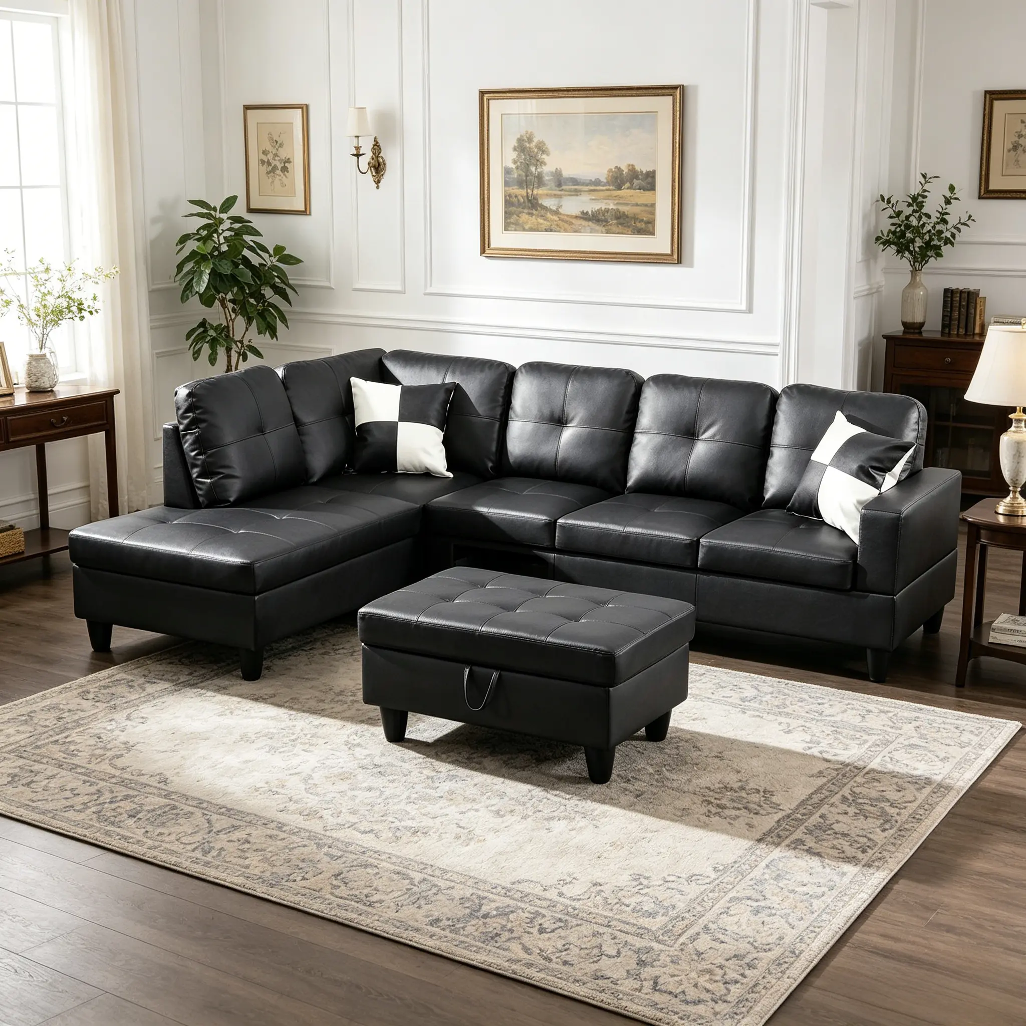 Modern Minimalist Compact Black Faux Leather Indoor Furniture Sofa - Fixed Arms, Solid Durable Structure, Streamlined Classic Outline, Space-Saving, Assembly Required, Suitable for Condos, Family Homes, Modern Minimalist Sofa