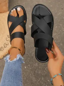 Summer Women's Flip Flops Cross Strap Design Flat Sole Lightweight Comfortable Casual Sandals Wide Band Beach Shoes Mom Shoes Beach Slides Sandals