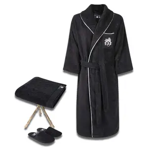 Armanetti Cotton Bathrobe Set with Slippers & Hand Towel Black & Silver Decoration Long Sleeve for Cozy Relaxation Egyptian Cotton Comfortable Stylish Design Machine Washable
