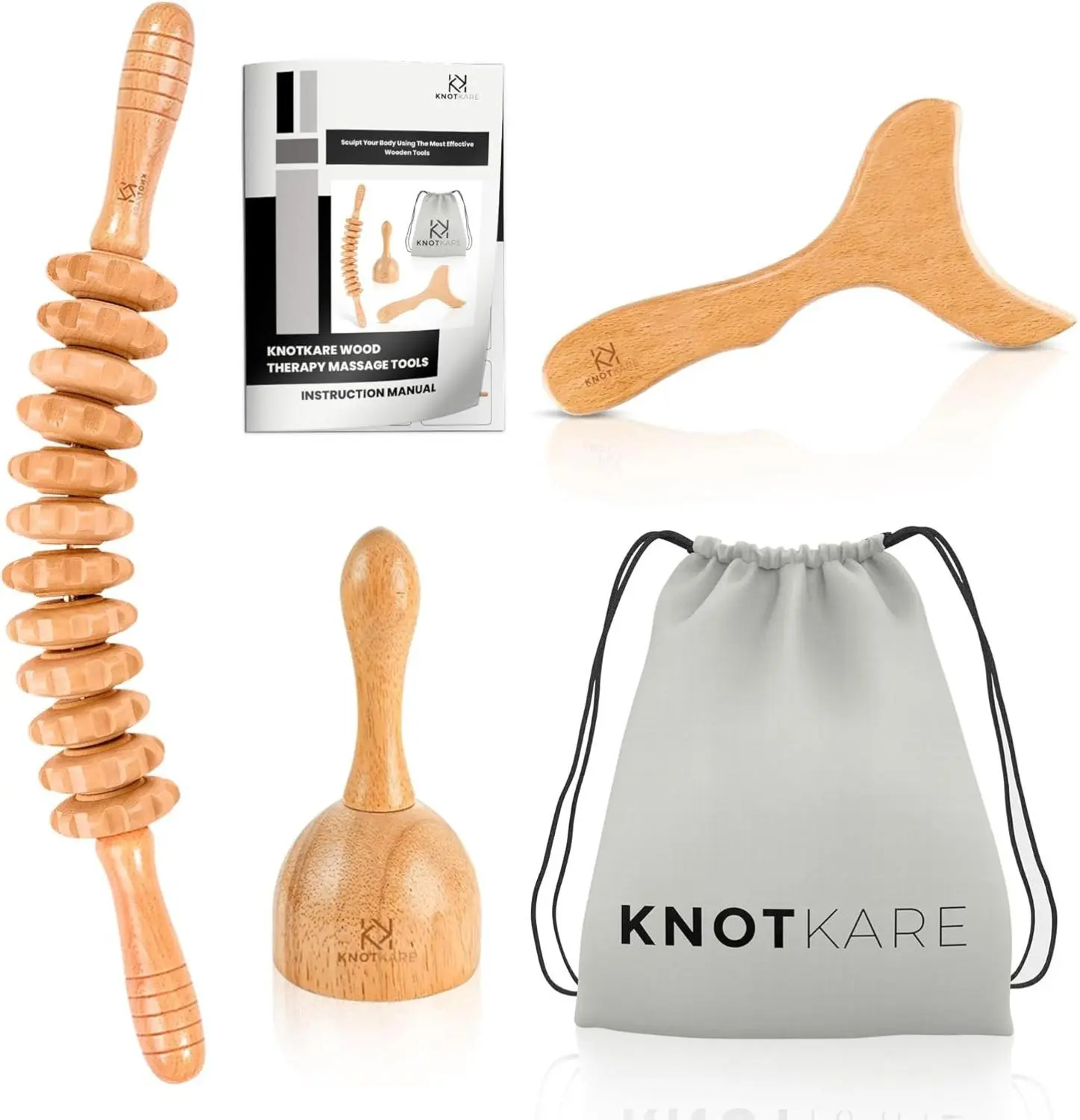 KNOTKARE 3-in-1 Wood Therapy Massage Tools for Lymphatic Drainage - Maderoterapia Kit Professional for Cellulite Reduction, Effective Body Shaping, and Muscle Pain Relief BPA Free Natural Beach Wood Swiss Cup Roller Board Gua Sha Board Smooth Firming