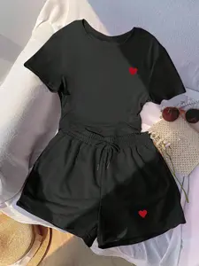 Heart Print Two-Piece Set, Short Sleeve Top + Elastic Waist Shorts, Comfortable Breathable Basic Summer Fashion Style, Casual Home Wear Womenswear Clothes