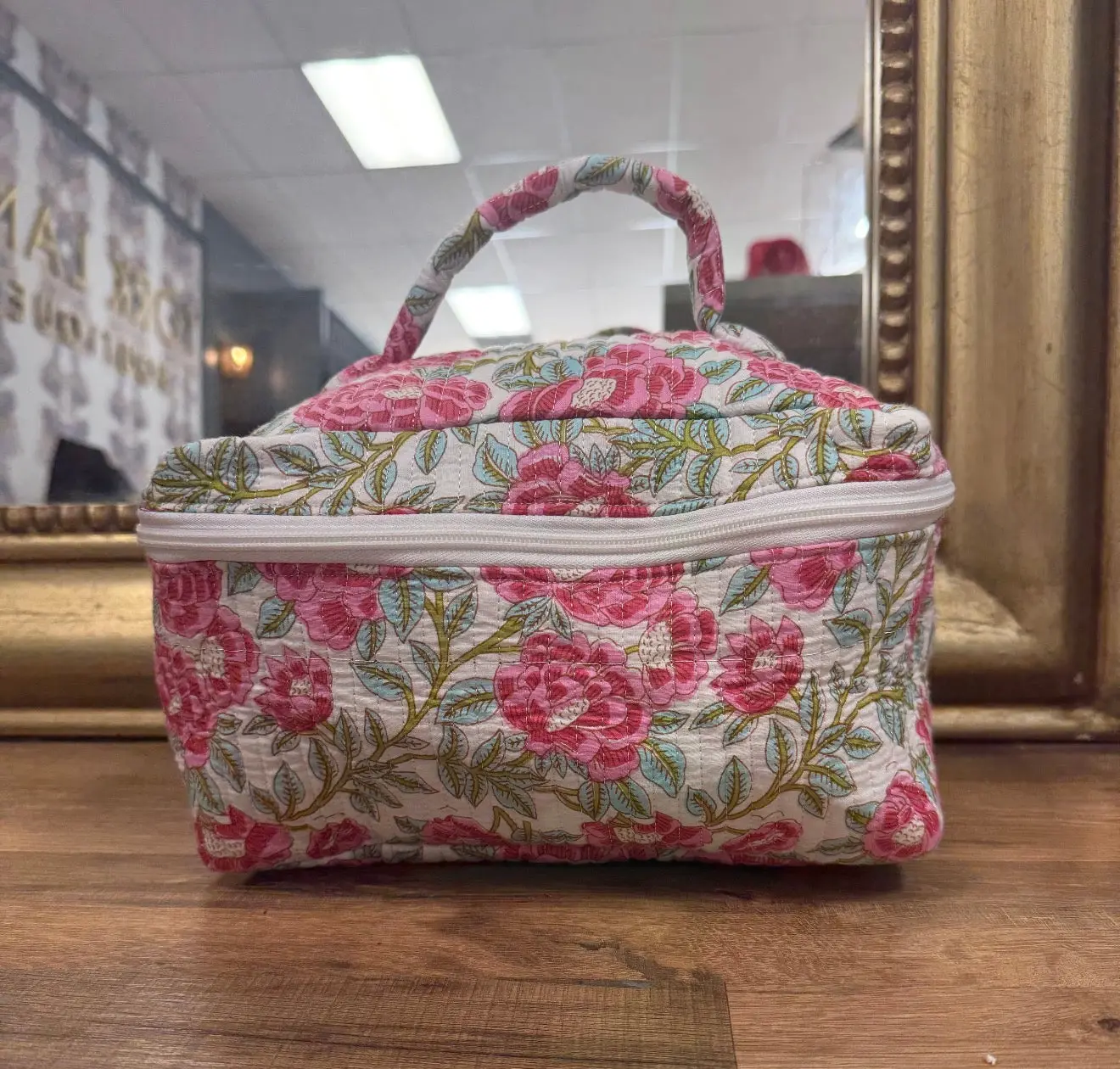Handmade Quilted Cosmetic Bag: Block Print Toiletry Organizer- White Pink Floral