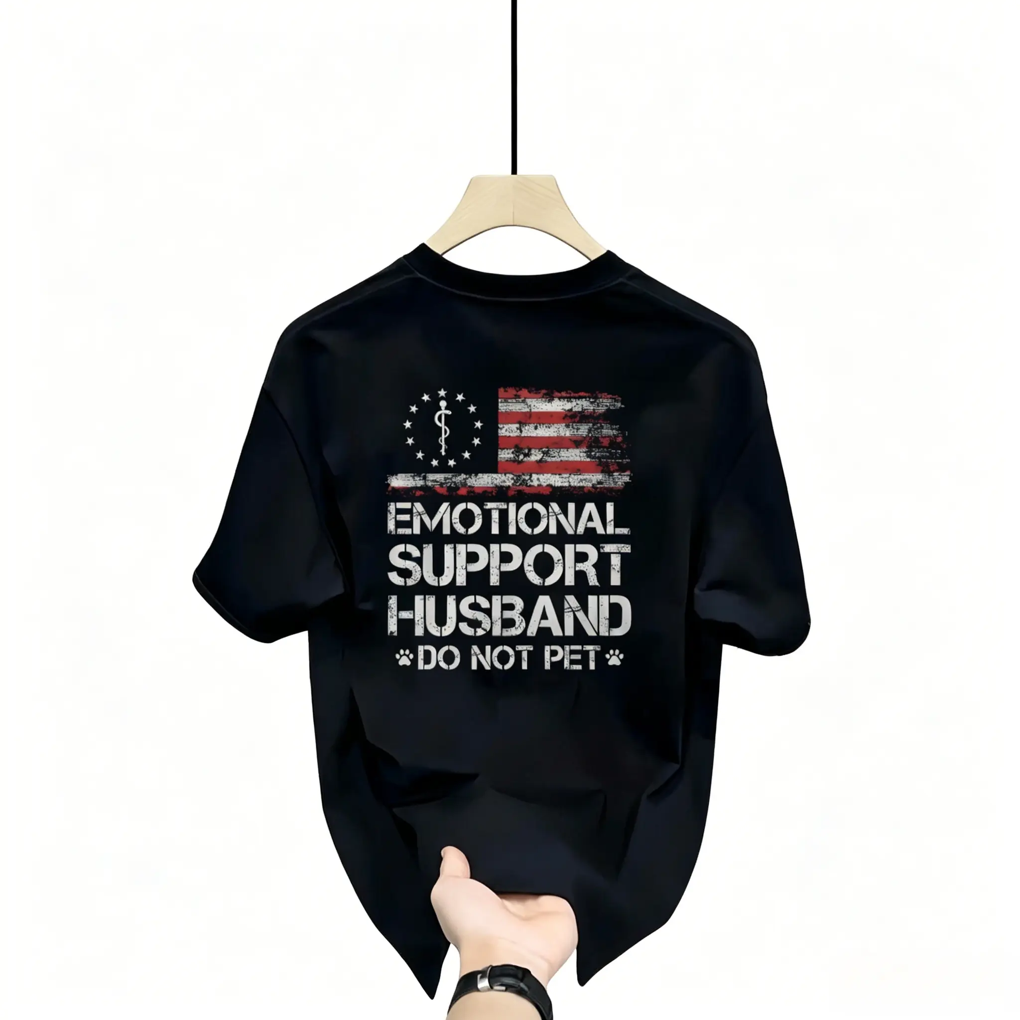 Men's Graphic T-shirt, 'Emotional Support Husband' USA Flag Print, Lightweight Cotton Shortsleeve Casual Streetwear, Menswear
