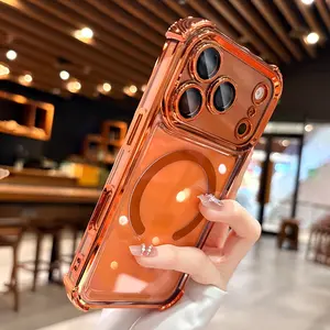 Magnetic plated transparent acrylic four corner shockproof phone case suitable for iPhone 17 Pro Max Air 16 15 14 13 with lens glass protection MagSafe wireless charging phone accessory protective case Shockproof Phone Cover