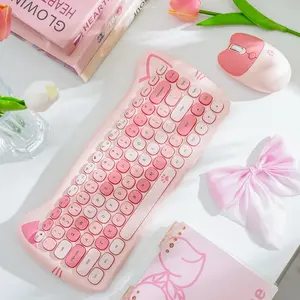 MOFii 1 Set Pink Cat Ear Wireless Keyboard and Mouse Combo, Cute Silent Office Keyboard Mouse, Universal for Laptop Desktop, US QWERTY (Battery Not Included)