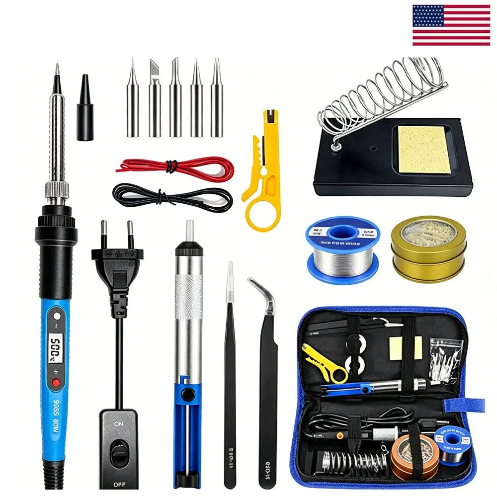 80W Digital Soldering Iron Kit, LCD Digital Temp Control Fast‑Heating Ceramic Core, 200‑450℃ Adjustable Temperature, 5 Solder Tips, Desoldering Pump Solder Wire Carry Bag for Electronics Repair DIY Jewelry Making
