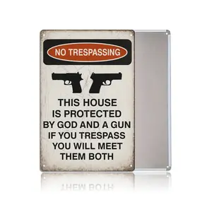 8×12 Inch No Trespassing Vintage Metal Tin Sign, This House Protected By God And A Gun Warning Plaque, Rustic Security Wall Decor for Yard Garage Porch, Patriotic Man Cave Gift
