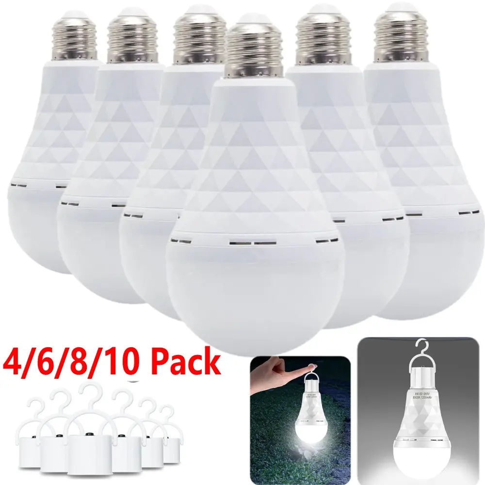 4/6/8 Pack Rechargeable Emergency Light Bulbs A19, 15W Camping Lamp Battery Powered LED Light Bulb 5000K Daylight E26 E27 with 1200mAh for Home Power Outage Camping Hurricane