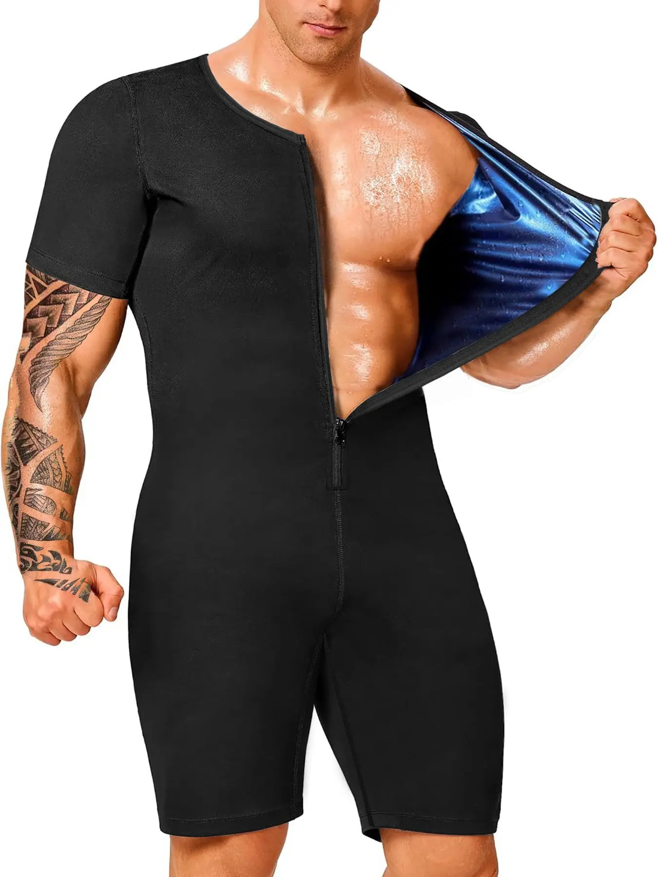 Men's Solid Zipper Sauna Romper, Casual Comfy Breathable Short Sleeve Fitness Sauna Suit for Working Out, Men's Sportswear for All Seasons