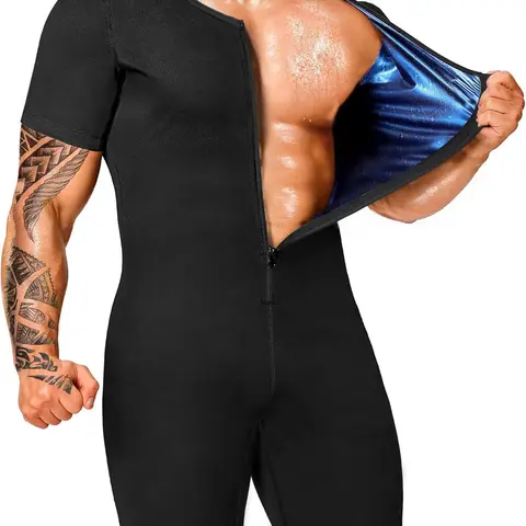 Men's Solid Zipper Sauna Romper, Fitness Sauna Suit, Casual Comfy Breathable Short Sleeve Sauna Romper for Working Out, Men's Sportswear for All Seasons(Order One Size Up)