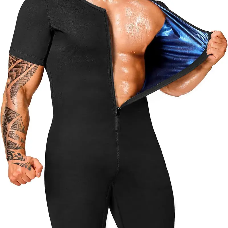 Men's Solid Zipper Sauna Romper, Fitness Sauna Suit, Casual Comfy Breathable Short Sleeve Sauna Romper for Working Out, Men's Sportswear for All Seasons(Order One Size Up)