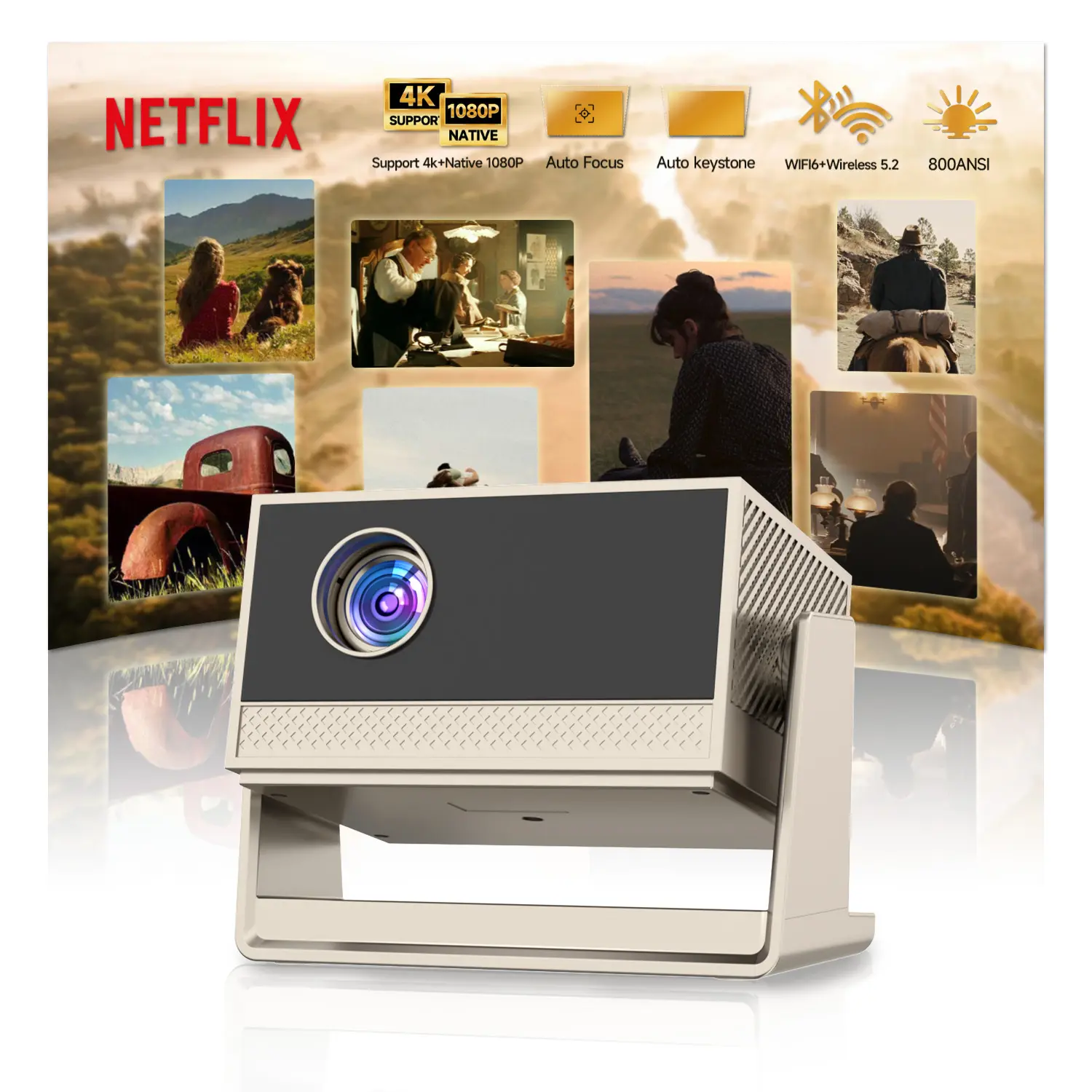 [US Warehouse] 2026 C9 LCD WiFi Projector with Android System, Dual-Wi-Fi, Bluetooth, Auto Focus, 180° Rotation, 800 ANSI Lumens HD Quality, Built-In Audio, App Control for Home Entertainment