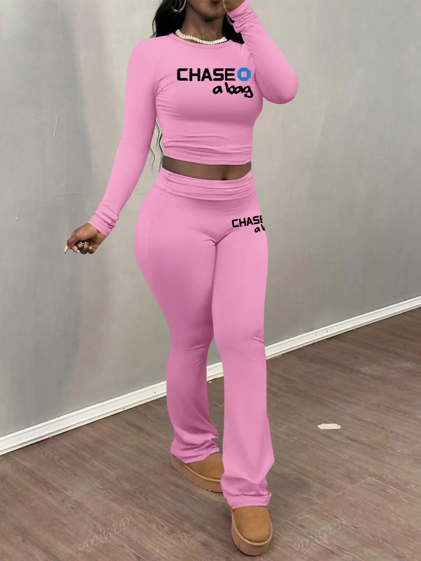 Women's Letter Print Fitted Crop Tee & Flare Leg Pants Two-piece Set, Cropped Essential Sets, Fitted Outfit Sets, Casual Round Neck Long Sleeve Top & Bell Bottom Trousers for Daily Wear, Ladies Fall & Winter Clothes