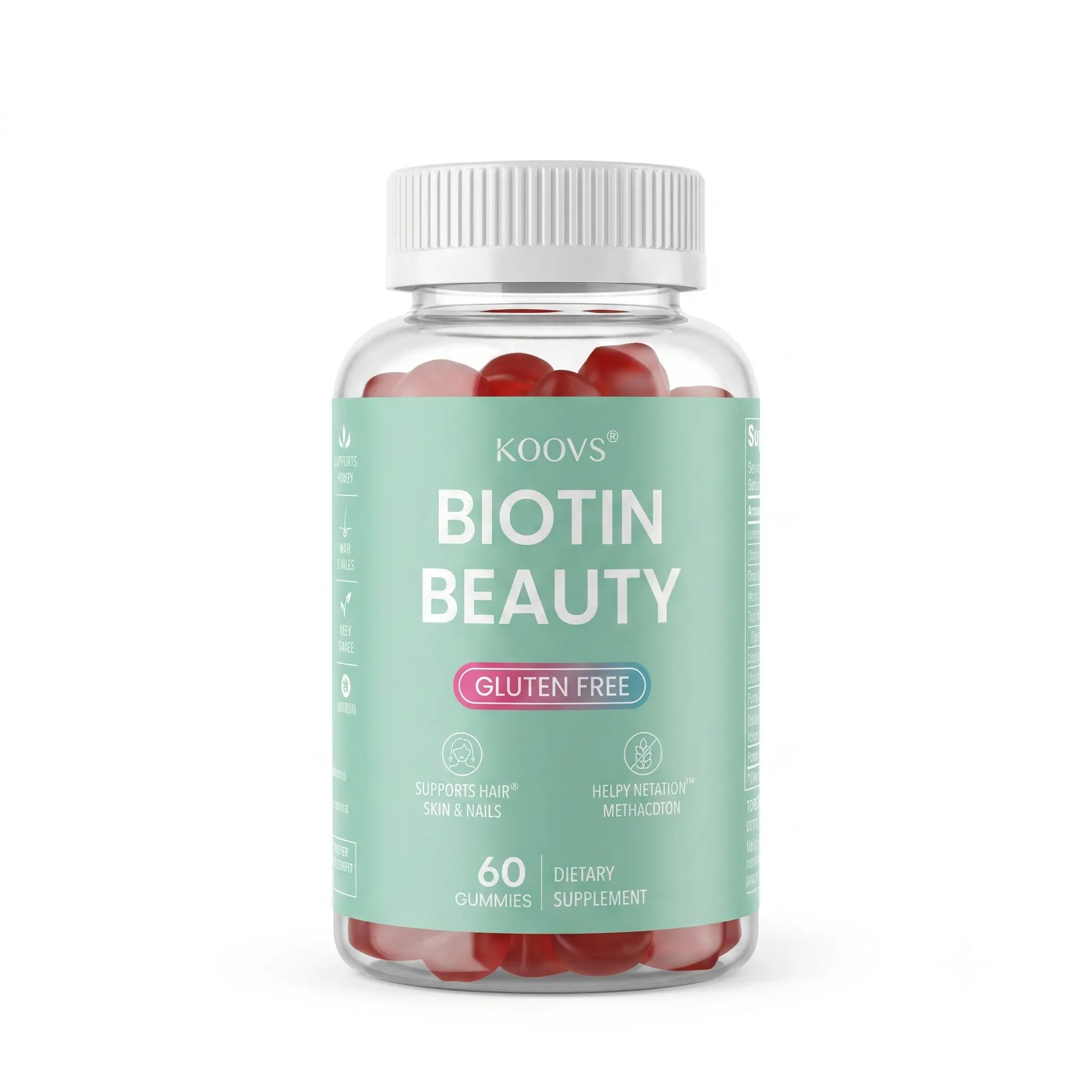 KOOVS Edible Chewable Hair & Skin & Nails Supplement Gummies - 5000mcg Biotin, Vitamin C, E, Zinc, Inositol, Choline, Collagen | Hair & Nail Care, Vegan, 60 Count