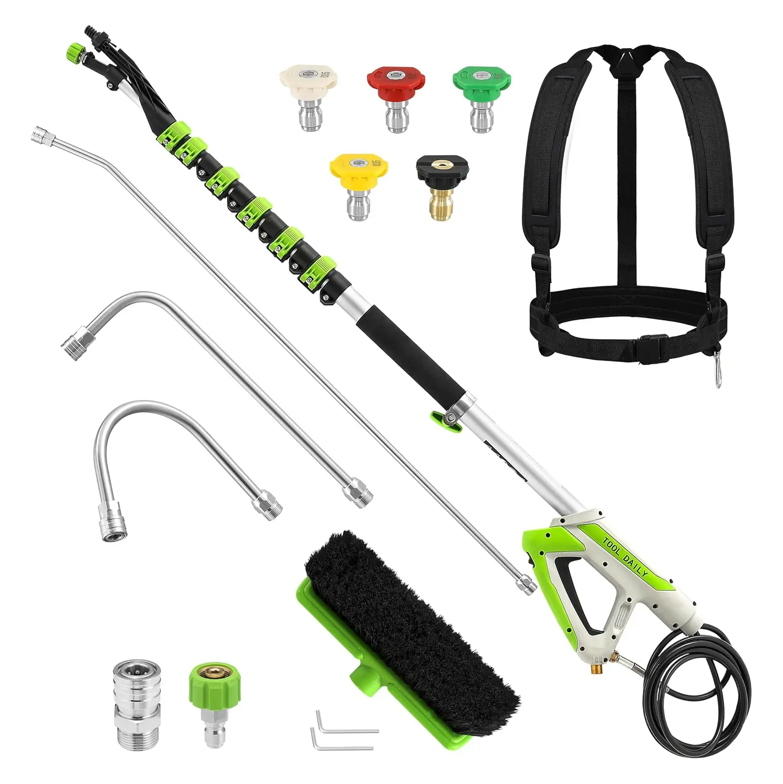 Tool Daily 21 ft Lightweight Aluminum Telescoping Pressure Washer Wand with Brush - 4000 PSI Gutter Cleaner, 3 Curved Rods, 5 Spray Angle Nozzles, Double Belt, Quick Connect to M22 14mm Male Adapter, for Driveways, Pool Decks
