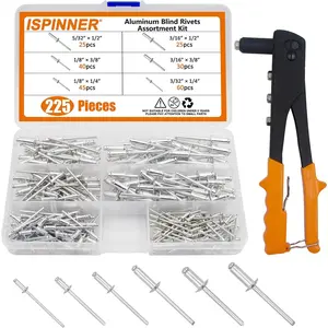 225pcs Aluminum Blind Rivets Assortment Kit with Heavy Duty Hand Riveter Rivet Gun Tool, 6 Sizes Pop Rivets