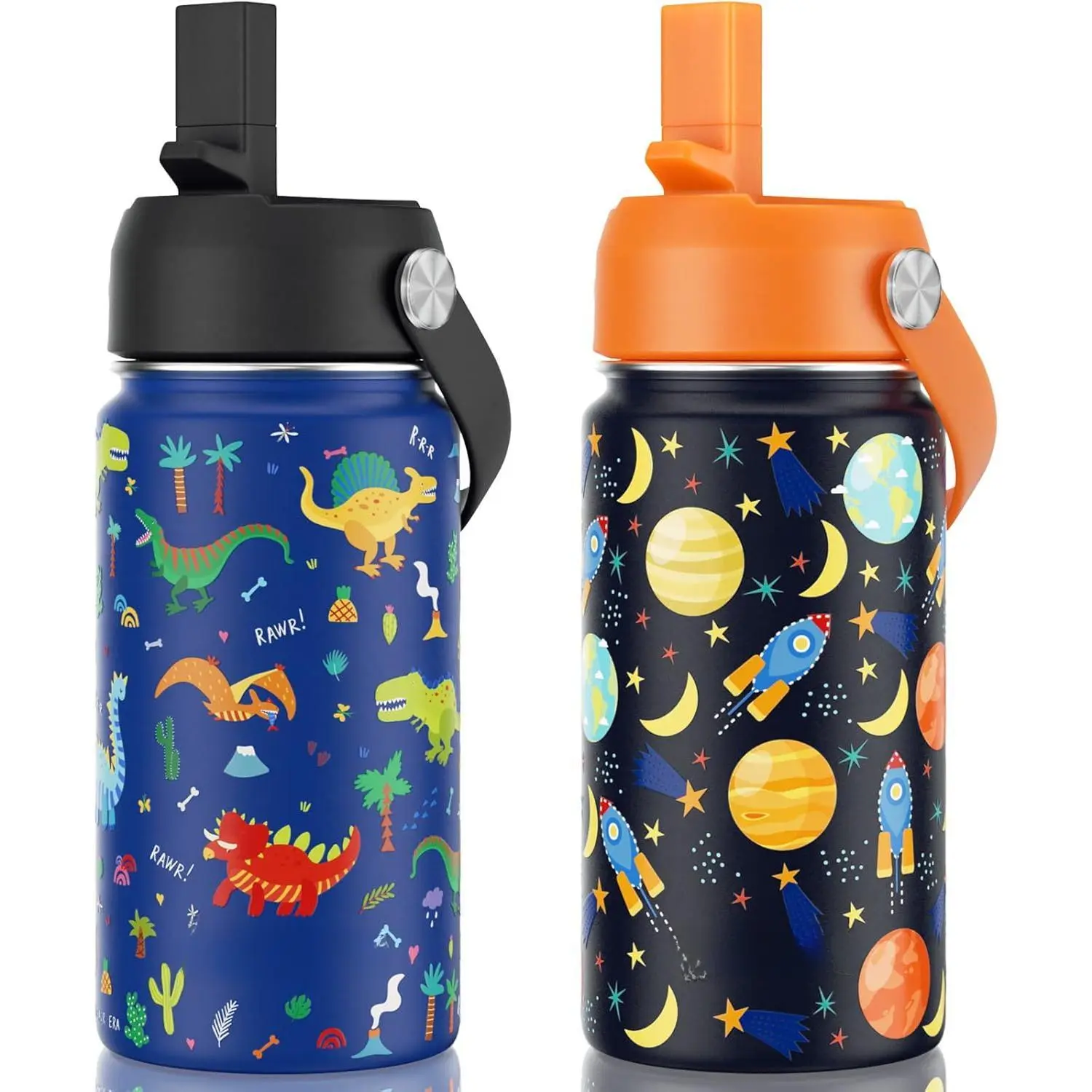 Fimibuke Kids Insulated Water Bottles (2 Pack, SPACE/BLUE DINOSAUR) - 14oz BPA-Free 18/8 Stainless Steel Double Wall Vacuum Flasks, Leak-Proof Portable Bottled Drinkware with Straw for School Kids