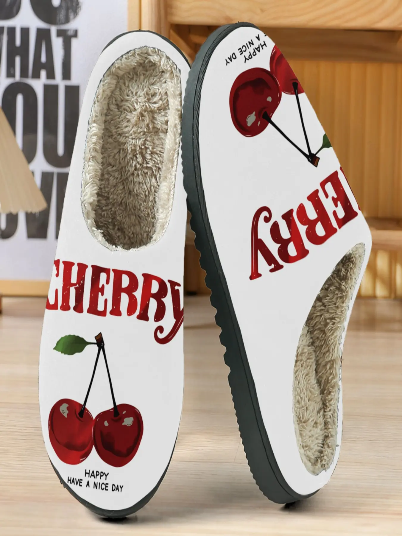 Cherry Theme Cotton Slippers, Sweet Girl Winter Essential, Plush Lining Warm Feet, Cherry with Merry Text, Casual Home Wear